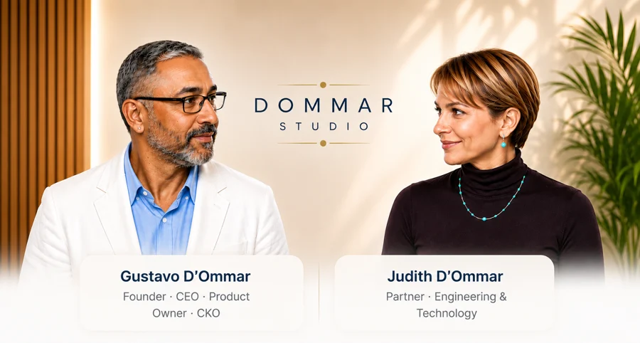Gustavo D’Ommar, Founder · CEO · Product Owner · CKO, y Judith D’Ommar, Partner · Engineering & Technology, equipo directivo de D OMMAR STUDIO.